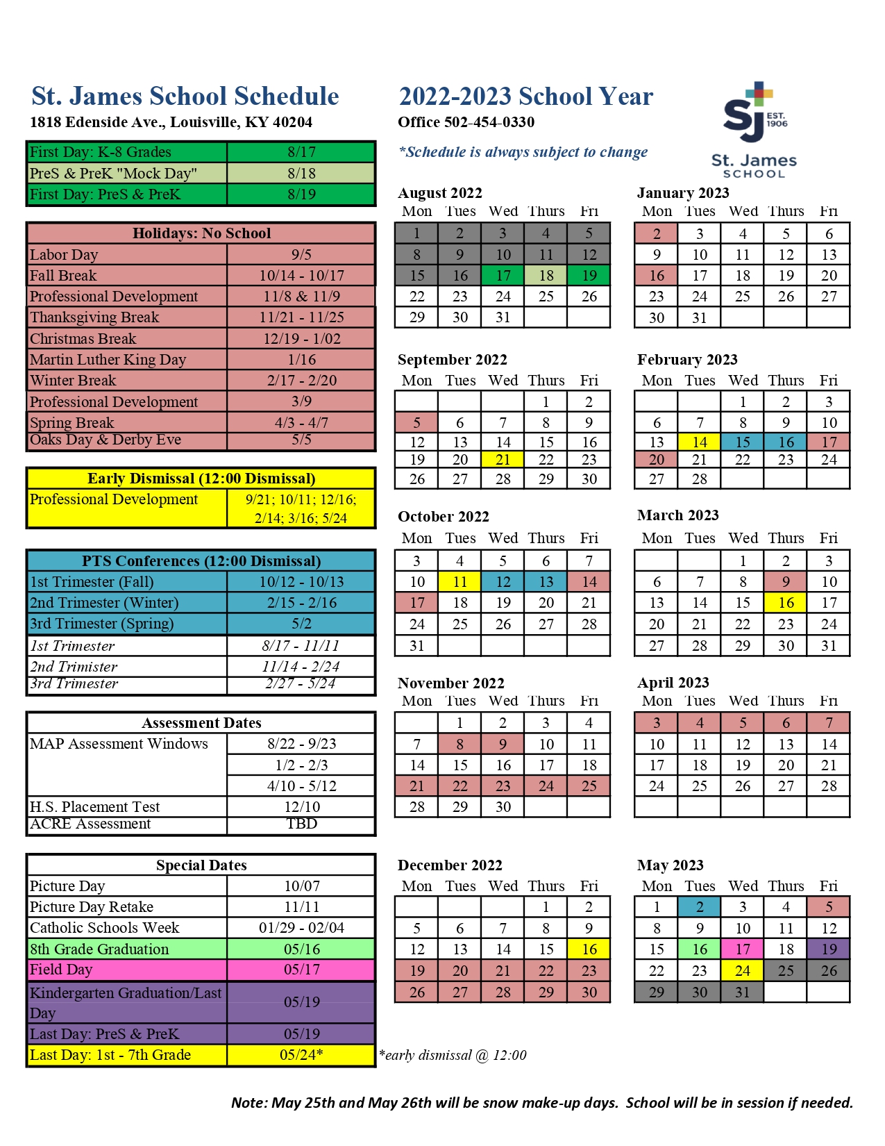 2022 2023 St. James School Calendar